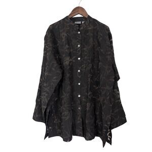 Chico’s Women's Brown Bamboo Leaf Burnout Asian Button Tunic Shirt 3 / XL